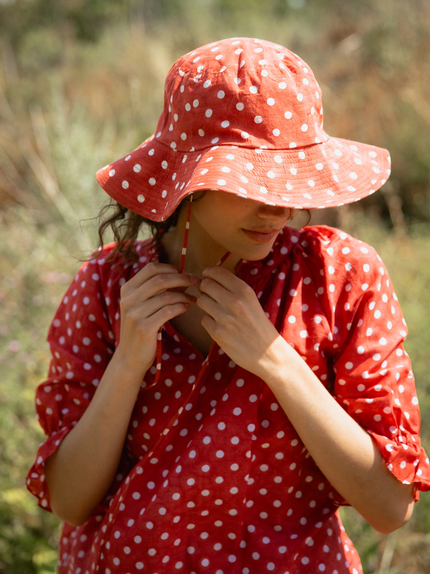 Cotton Sun Hat in Ruby Red Polka - Image 3