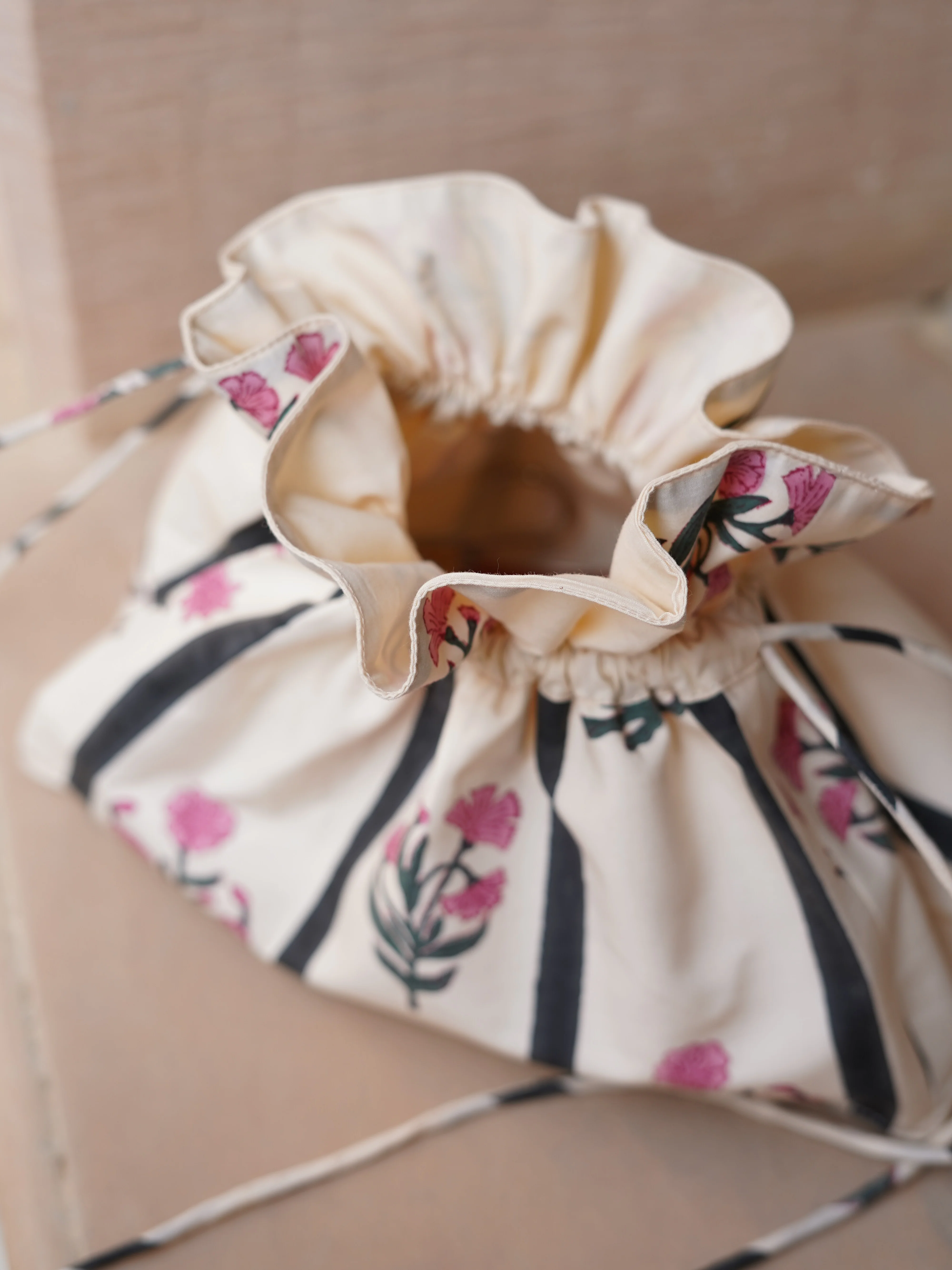 Drawstring Pouch in Black/Pink Jaipur Stripe - Image 3