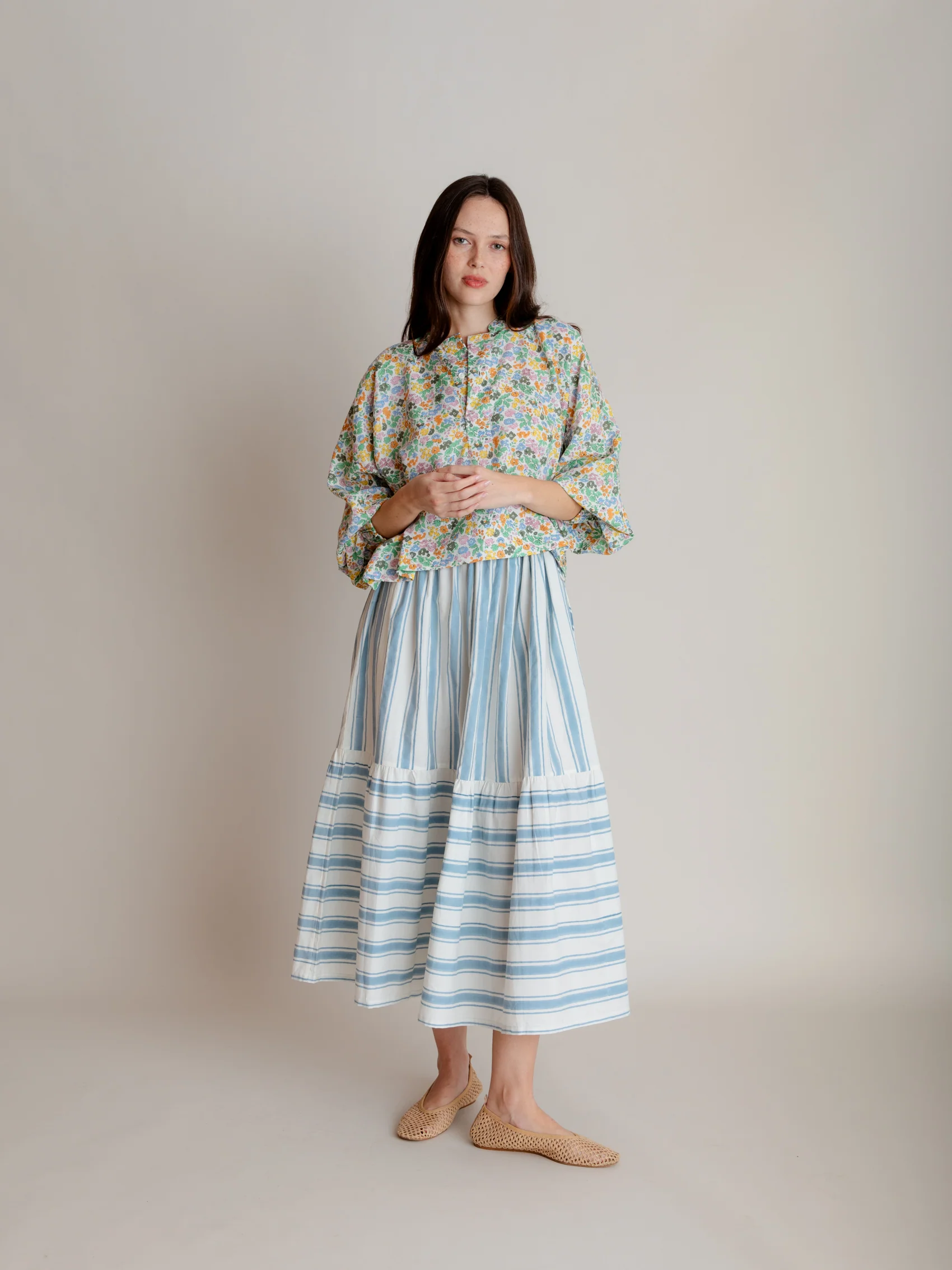Drawstring Skirt in Blue Ticking - Image 3