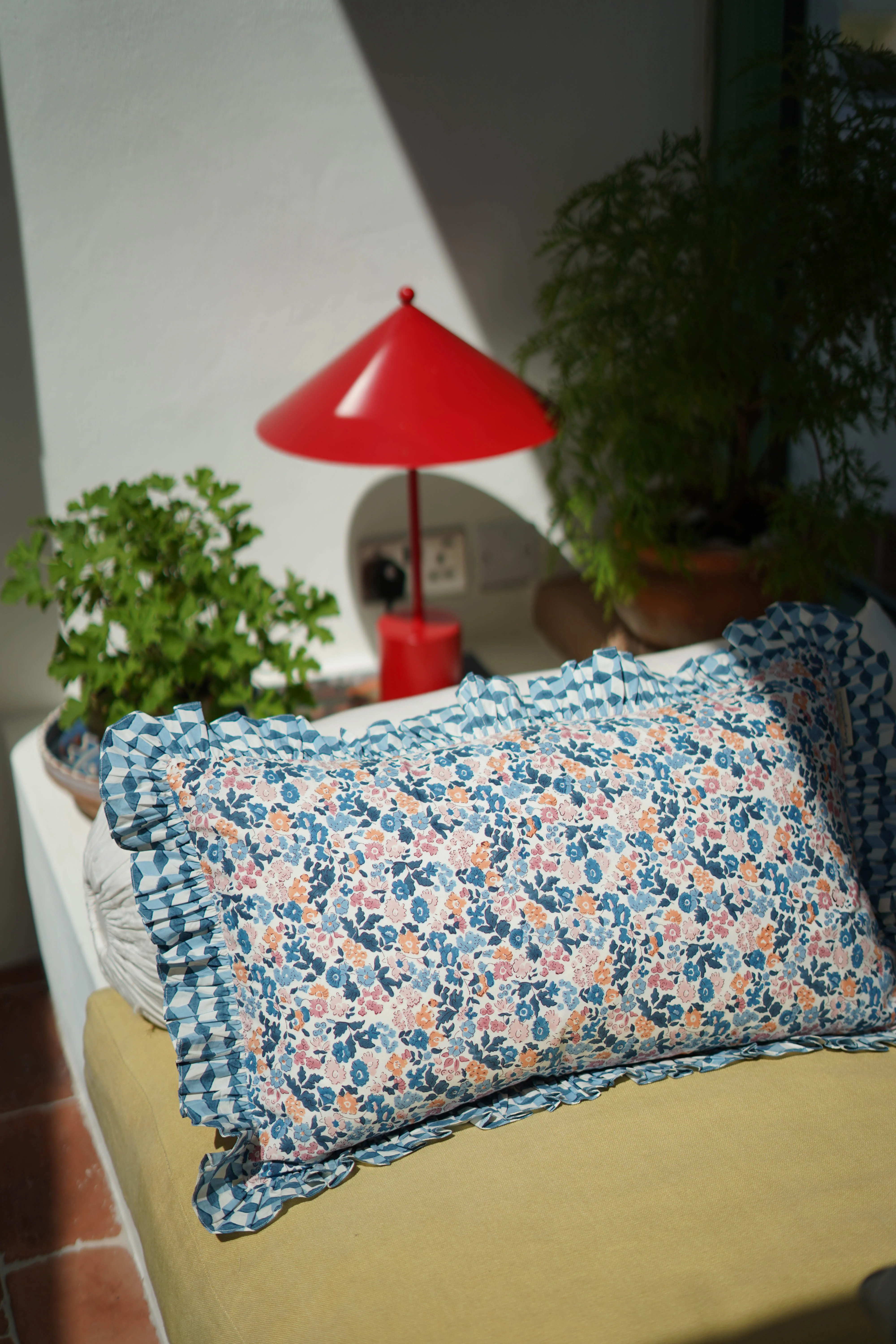 Frilled Cushion Cover, Fleures blue/blush 60 x 35cm - Image 4