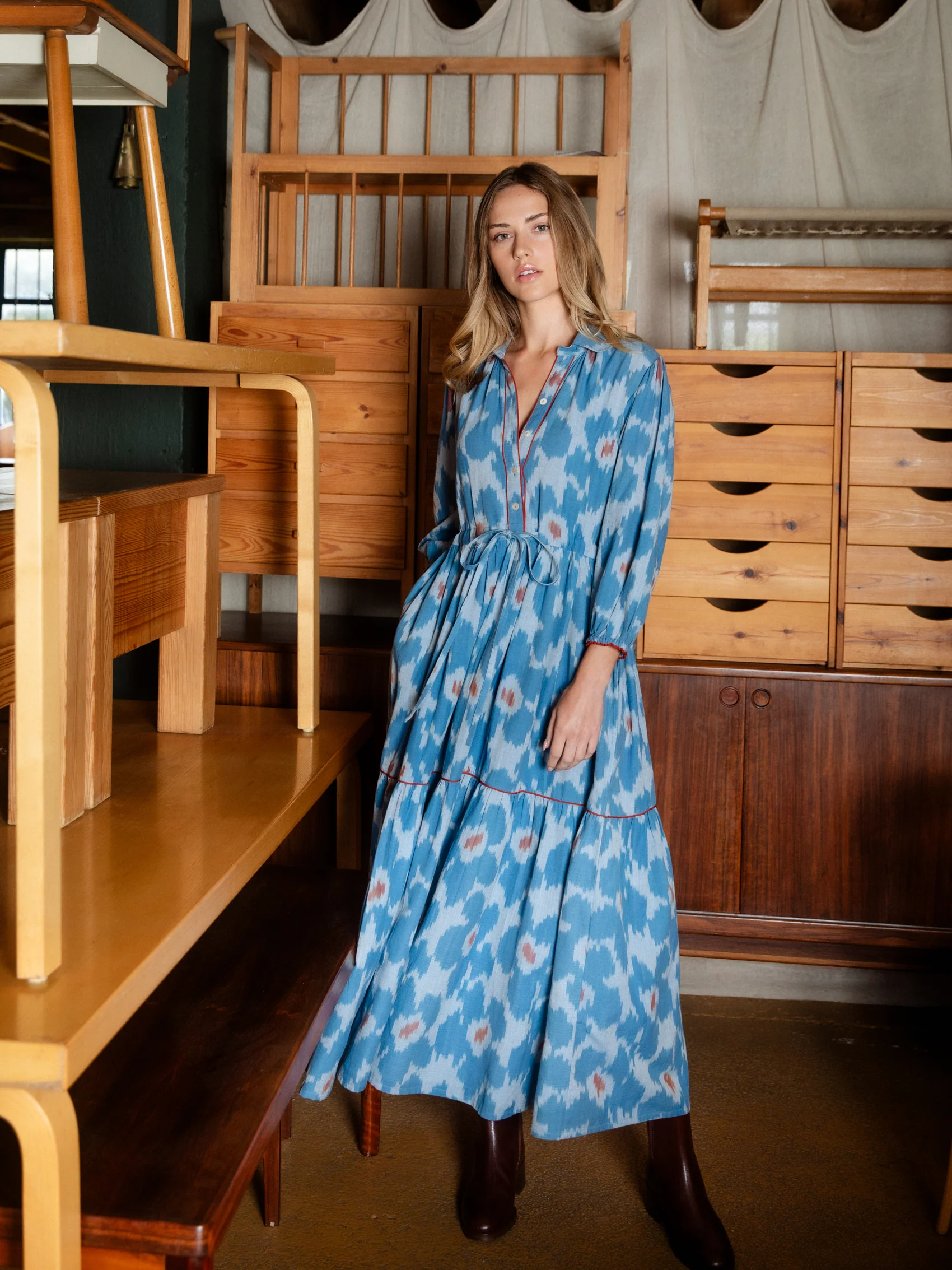 Lina Dress in Blue Ikat Flower - Image 4