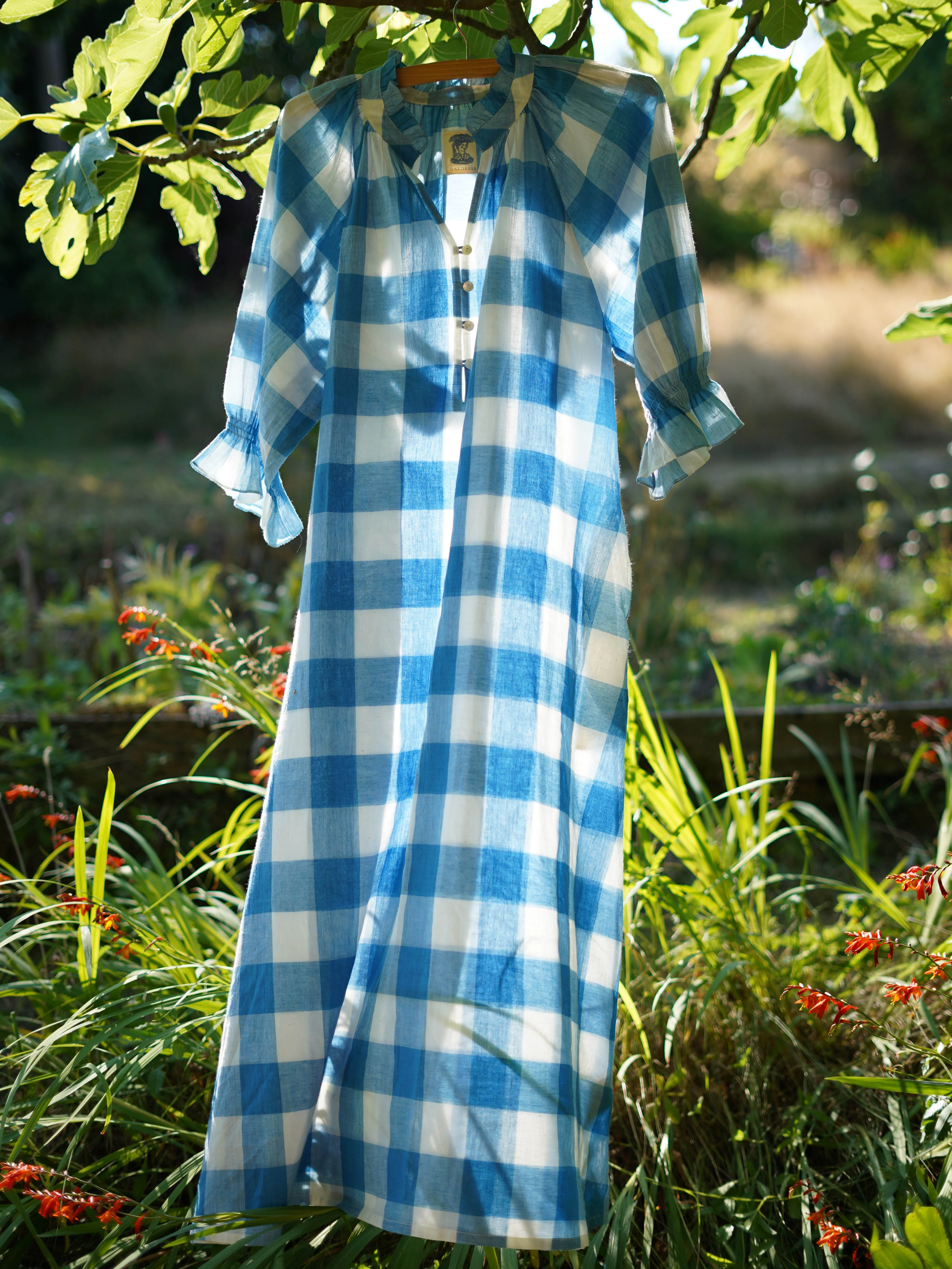 Long-Sleeved Nightie in Blue Handloom Check - Image 4