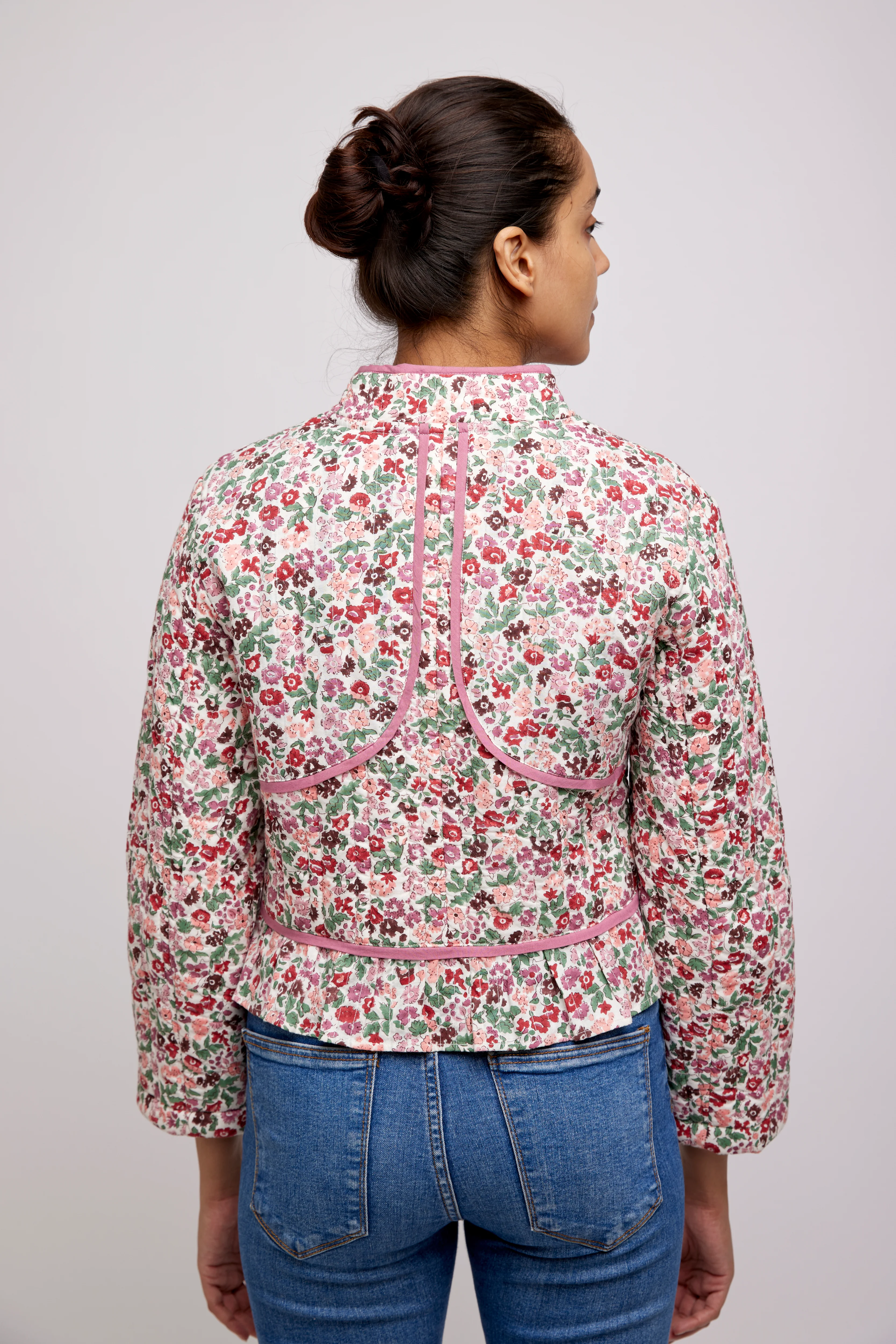 Quilted Biker Jacket in Fleures Berry - Image 3
